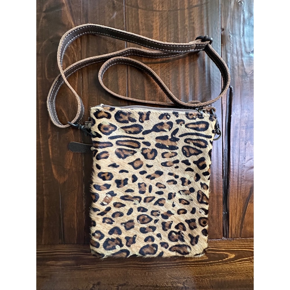 Myra Bag Leopard Print Hair-on-Hide Leather Crossbody Pouch Brown S-1262